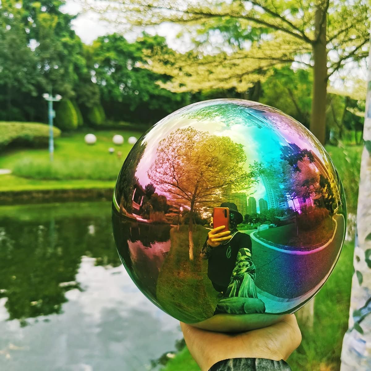 Rainbow Gazing Globe Mirror Ball in Stainless Steel, Shiny Hollow Sphere Sparkling Housewarming Outdoor Ornament (8 Inch)